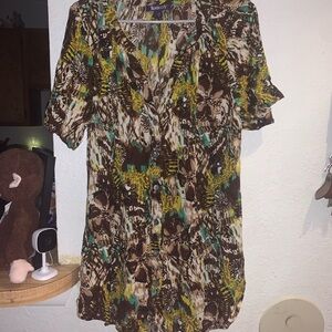 Roaman's Brown Floral Print Button-Front Short Sleeve Blouse
